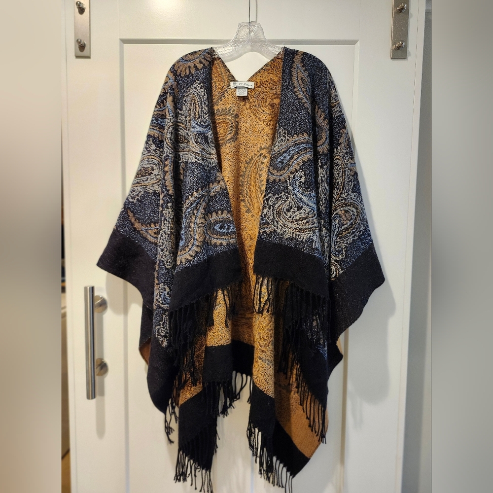 Paisley Fringe Poncho Wrap in Navy and Mustard